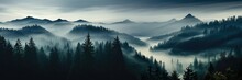 A Wide-format Fall Wallpaper Featuring A Serene Scenic Landscape With Mist-blanketed Mountains, Capturing The Tranquil And Mysterious Beauty Of Autumn. Photorealistic Illustration, Generative AI