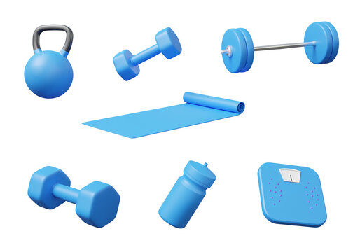 3D set fitness exercise tool sport healthy concept. floating on pastel background. equipment, dumbbell, yoga mat, mineral water, health care, minimal cartoon, element, 3d rendering illustration.
