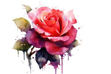 Wall Mural - Watercolor Painting of a pink rose with green leaves on a transparent background