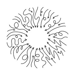 Wall Mural - round frame with line arrows pointing to center. vector curvy and wavy arrows isolated on white back