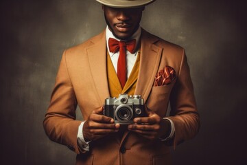 Aufkleber - African man in a suit with a retro camera.