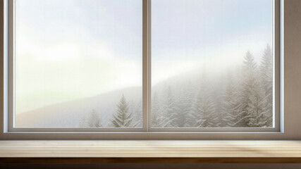 Poster - Wooden table and window with blurred mountain winter trees landscape background. High quality photo