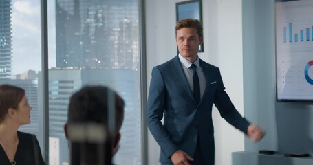 Aufkleber - Diverse Modern Skyscraper Office: Businessman Leads Business Meeting with Managers, Talks, uses Presentation TV with Statistics, Infographics. Entrepreneurs Work on e-Commerce Project.