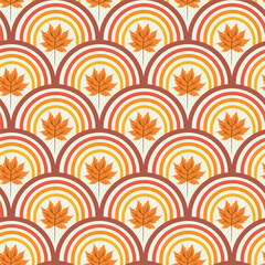 Wall Mural - Beautiful Orange Maple leaves seamless pattern on boho rainbow in terracotta, brown, yellow and red. For autumn print, textile, fabric and home décor