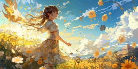 anime style illustration of young girl walking in flower field, generative Ai