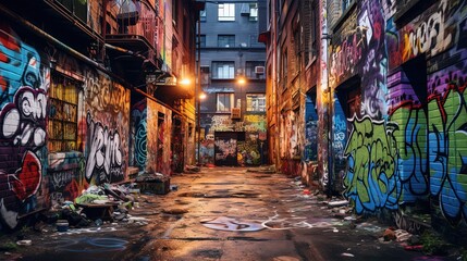 Wall Mural - city street narrow path with colorful light and graffiti wall, Generative Ai	