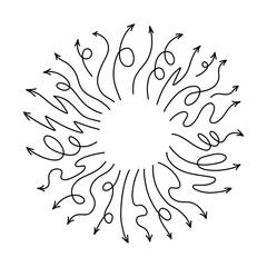 Wall Mural - round frame with line arrows pointing outward. vector curvy and wavy arrows set isolated on white ba
