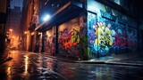 Fototapeta Uliczki - wet city street after rain at night time with colorful light and graffiti wall, Generative Ai	
