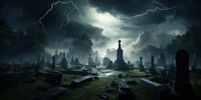 A Graveyard Under A Thunderstorm, With Lightning Flashes And Ominous Clouds.