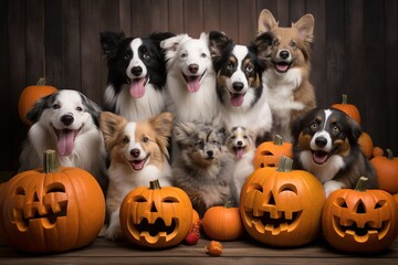 On a crisp autumn night, a pack of playful pups frolic around an indoor space, adorned with colorful pumpkins, gourds, and squash, in celebration of the beloved halloween holiday