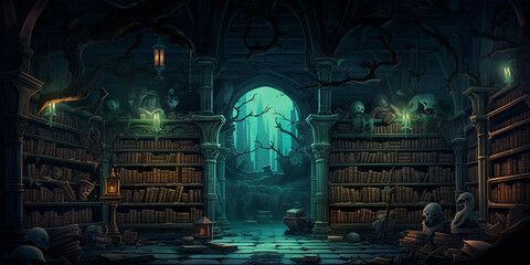 a spooky library with animated books, whispering pages, and curious creatures.