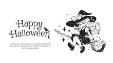 Halloween Witch Flying On Broomstick. Black And White Vector Illustration. Japanese Anime, Cartoon Style