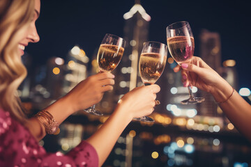 Group of happy rich and stylish woman friends clinking with glasses of wine, celebrating holiday in Dubai with skyline and skyscrapers in the background at night.