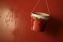 An Empty Red Bucket Hangs On The Wall.