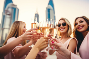 Wall Mural - Group of happy rich and stylish woman friends clinking with glasses of wine, celebrating holiday in Dubai with skyline and skyscrapers in the background