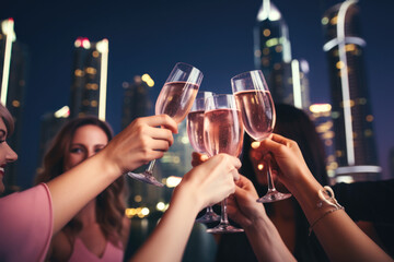 Wall Mural - Group of happy rich and stylish woman friends clinking with glasses of wine, celebrating holiday in Dubai with skyline and skyscrapers in the background at night.