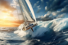 A Close -up Shot Of A Gorgeous Yacht That Sails A Large Wavy Sea. The Background Of The Beautiful Sky And The Red Light Of The Sunset. A Success Concept Suitable For Sports And Vehicles.