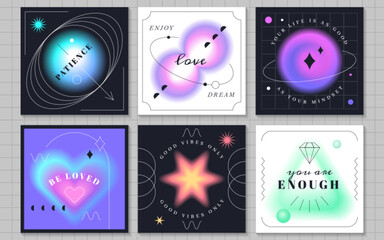 Fototapete - Set of trendy blur gradient posts for social media. Vintage y2k pastel color banner collection with blurred geometric shapes. Flyers of aura aesthetic elements different forms with defocus effect.