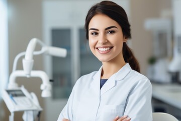 Wall Mural - Female portrait of a smiling azerbaijani dentist on the background of a dental office.