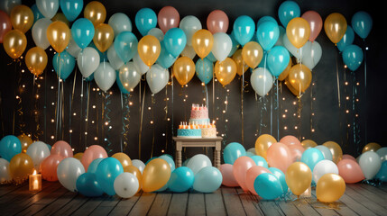 Canvas Print - Happy Birthday! Children's decoration with glowing lights, birthday garland, different color of balloons. Decorated photo zone. Festive decorative elements, photo area