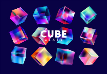Wall Mural - colorful 3d glass cubes. set of multicolor vector geometric shapes.