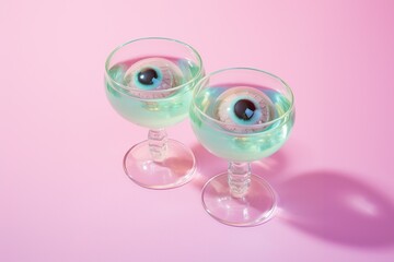 On a crisp autumn evening, two hauntingly eerie glasses of stemware filled with a mysterious fluid and fake eyeballs spark an eerie atmosphere perfect for any halloween celebration