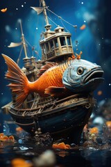 Poster - A fish that is sitting on top of a boat. Generative AI image.