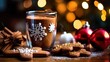 cup of coffee with christmas cookies on wooden table, christmas background. Christmas Concept with Copy Space.