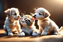 Draw A Picture Of Baby Puppies And Kittens Playing Tug Of War.