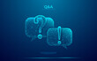 © AntonKhrupinArt - Two dialogue bubbles chat with Question and Answer blue symbols. Abstract digital speech bubble icon in futuristic low poly wireframe style. Communication, discussion, and messenger concept.