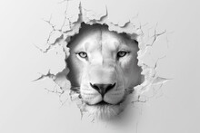 Lion Head Through A Hole In The Wall - Black And White