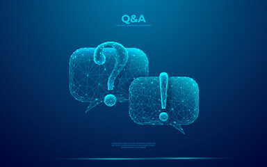 Poster - Two dialogue bubbles chat with Question and Answer blue symbols. Abstract digital speech bubble icon in futuristic low poly wireframe style. Communication, discussion, and messenger concept.