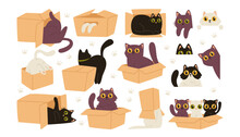 Cute Happy Little Cat Pet Animal Character In, Near, Under, Above Cardboard Box Isolated Set