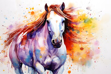 Modern Colorful Watercolor Painting Of A Horse Or Mare, Textured White Paper Background, Vibrant Paint Splashes. Created With Generative AI