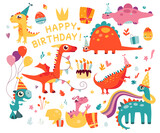 Fototapeta Dinusie - Funny birthday party prehistoric dinosaurs character set for greeting cards cartoon design