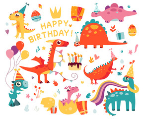 Wall Mural - Funny birthday party prehistoric dinosaurs character set for greeting cards cartoon design