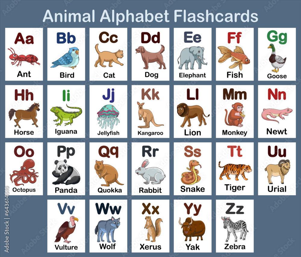 Set of Animal Alphabet flash card design illustration for kids A to Z ...