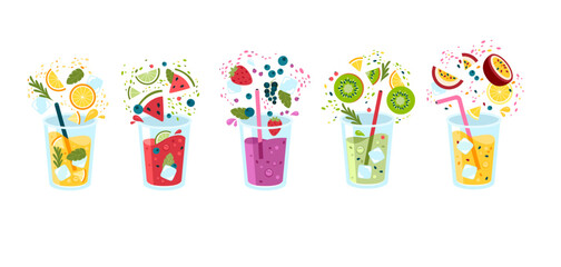 Plastic glass with fruits and berry mix juice cocktail for summer refreshment isolated set