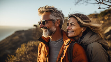 A blissful older couple on the beach, gazing at the sunset with smiles of joy and cheerfulness.