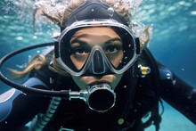 Portrait Of Young Woman Scuba Diving Looking At Camera, Face Closeup.
