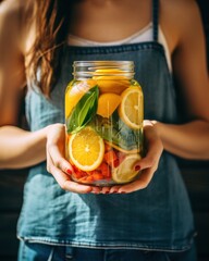 Canvas Print - Girl holding detox cocktail with oranges.