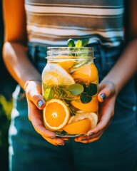 Canvas Print - Girl holding detox cocktail with oranges.