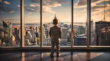 Child Businessman. Chief Executive Officer. A Boy In A Brown Suit Stands With His Back Looking At A Tall Glass Window In A Room On A Tall Building, Skyscraper. He Sees The City From A Bird's Eye View.