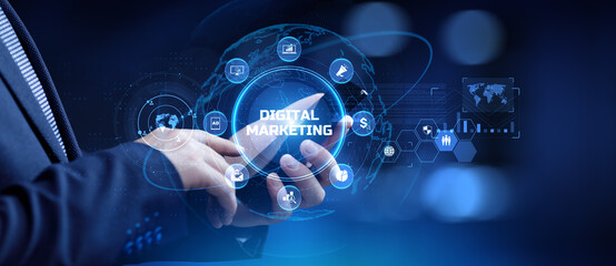 Wall Mural - DIgital marketing online internet SEO SEM SMM. Businessman pressing button on screen.