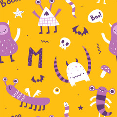 Wall Mural - Cute halloween pattern with funny doodle monsters. Seamless vector yellow halloween print for kids textile.