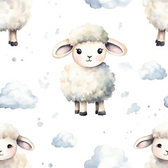 Wall Mural - Seamless pattern with cute sheep and clouds isolated on white background. Watercolor illustration.