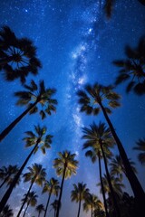 Wall Mural - Up view from below captures palm trees on the tropical beach against night blue and purple sky full of stars and nebulas. Beautiful background with green nature.