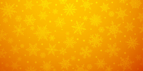 Christmas background of beautiful complex snowflakes in yellow colors. Winter illustration with falling snow