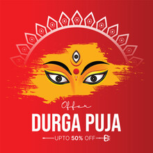 Indian Festival Happy Durga Puja Creative Banner Background Design With Goddess Durga Face. 