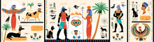 Ancient Egypt Horizontal Papyrus. Pyramids Mural. Pharaohs History. Gods Mythology. Lost Civilization. Sacred Cat Or Scarab. Old Hieroglyphs. Egyptian Elements. Garish Vector Poster